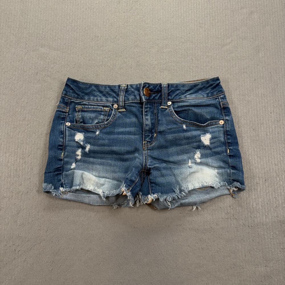 American Eagle Denim Shorts Womens 2 Blue Distressed Super Stretch Low Rise
